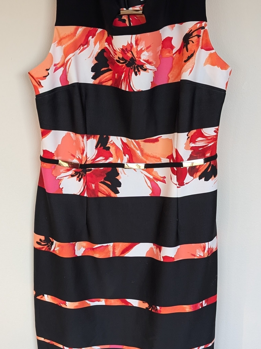 Joseph Ribkoff Black Midi Dress with Orange and Pink Floral Stripe Accents